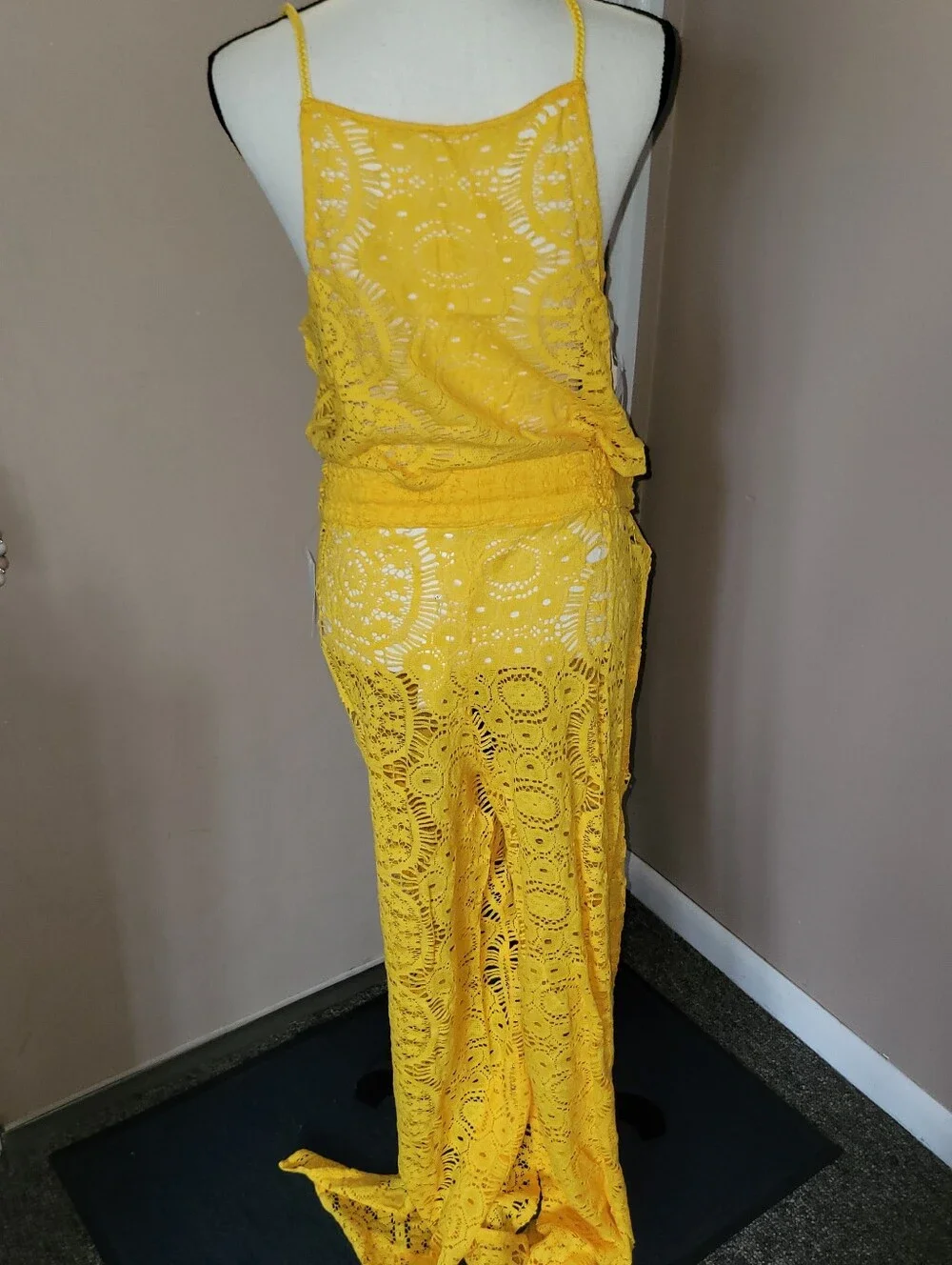 Yellow Crochet Lace Swim Coverup Set - Crochet Slitted Pants & Crop Top